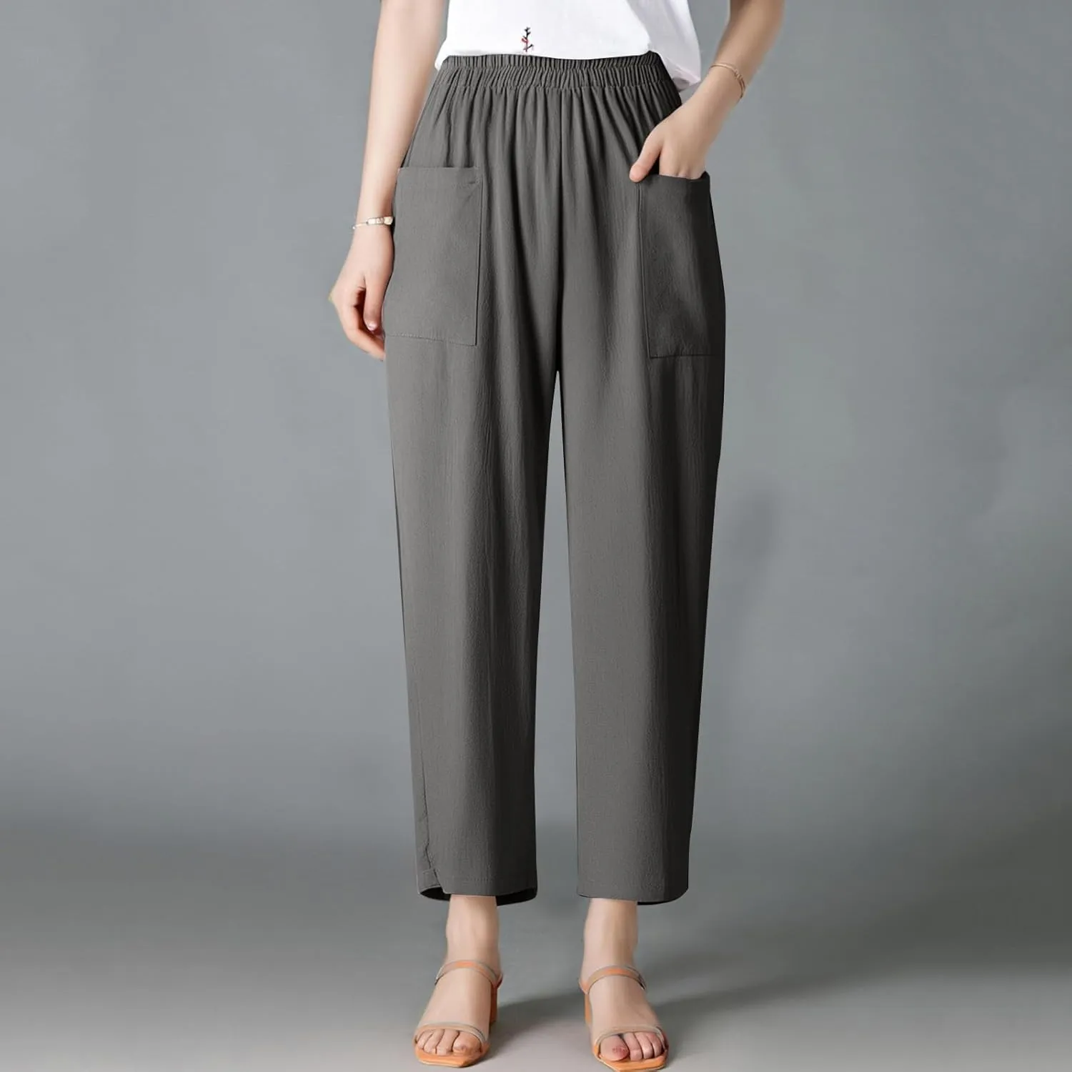 Linen Pants Women Casual Summer Wide Leg Pants High Waisted Trousers Lightweight Palazzo Pant with Pockets (S-2Xl)