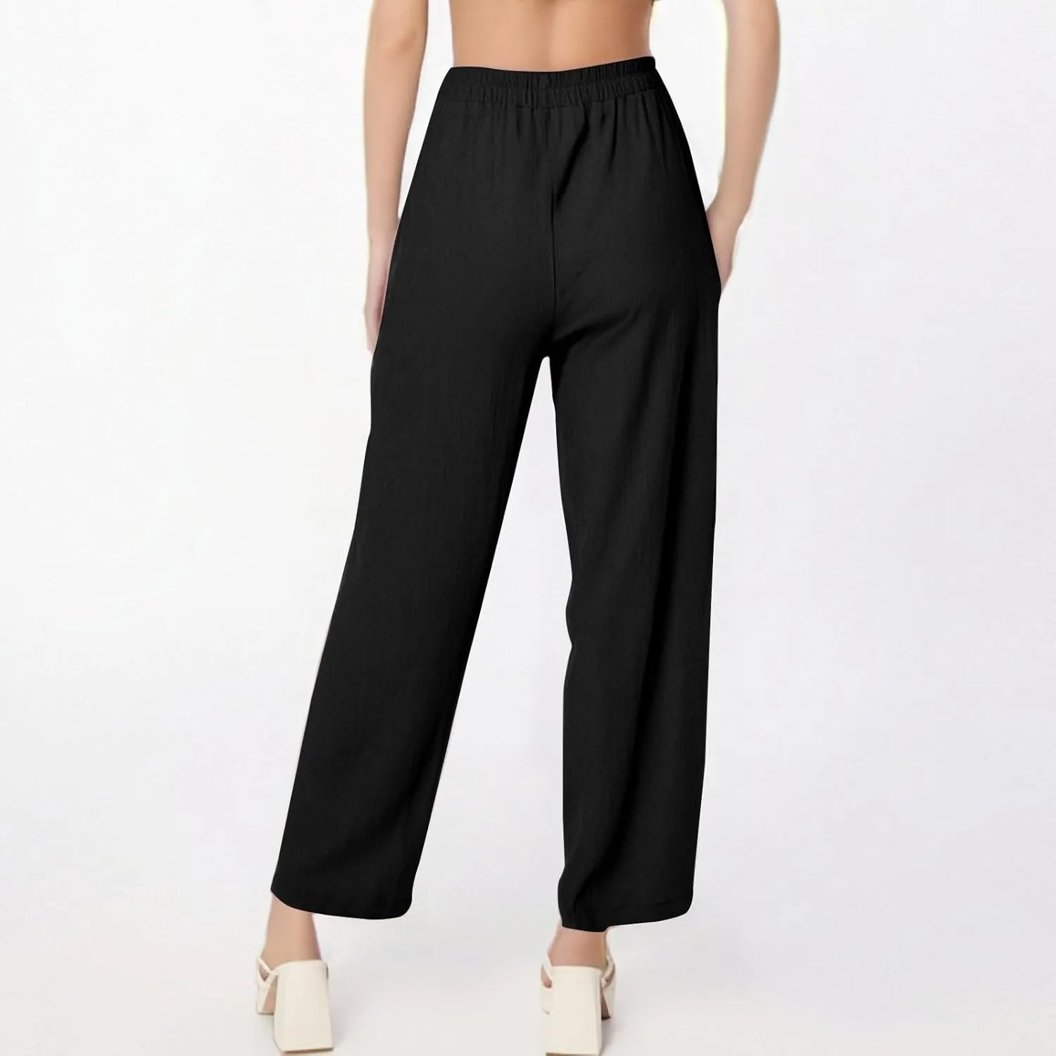 Linen Pants Women Casual Summer Wide Leg Pants High Waisted Trousers Lightweight Palazzo Pant with Pockets (S-2Xl)