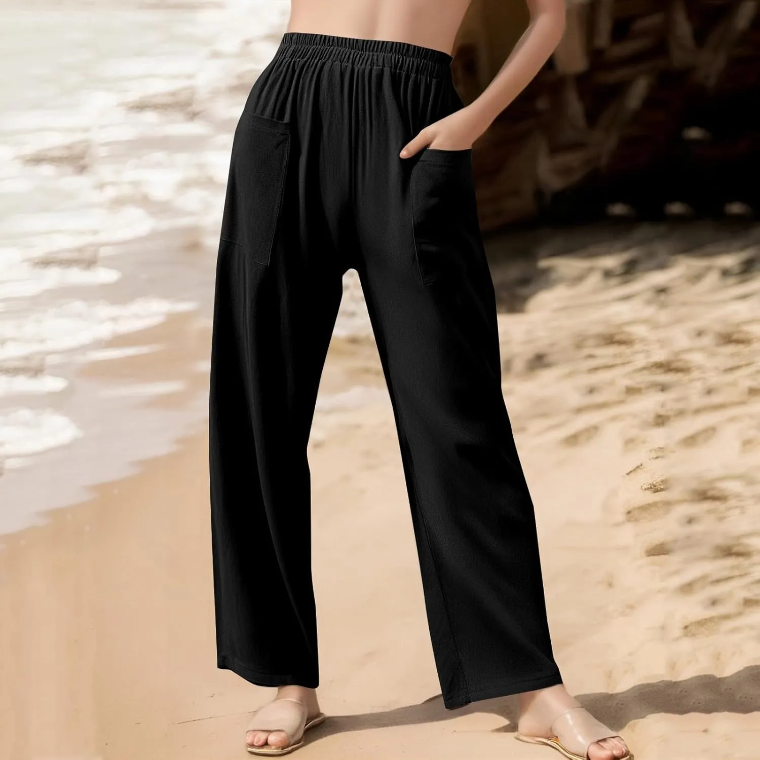 Linen Pants Women Casual Summer Wide Leg Pants High Waisted Trousers Lightweight Palazzo Pant with Pockets (S-2Xl)