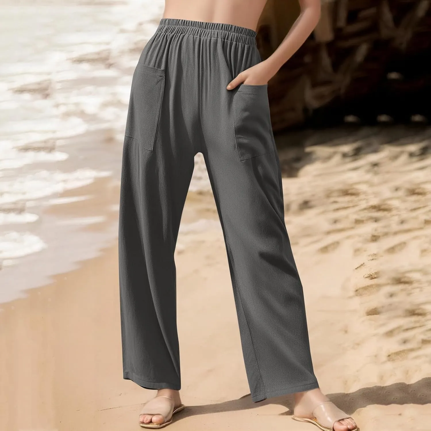 Linen Pants Women Casual Summer Wide Leg Pants High Waisted Trousers Lightweight Palazzo Pant with Pockets (S-2Xl)