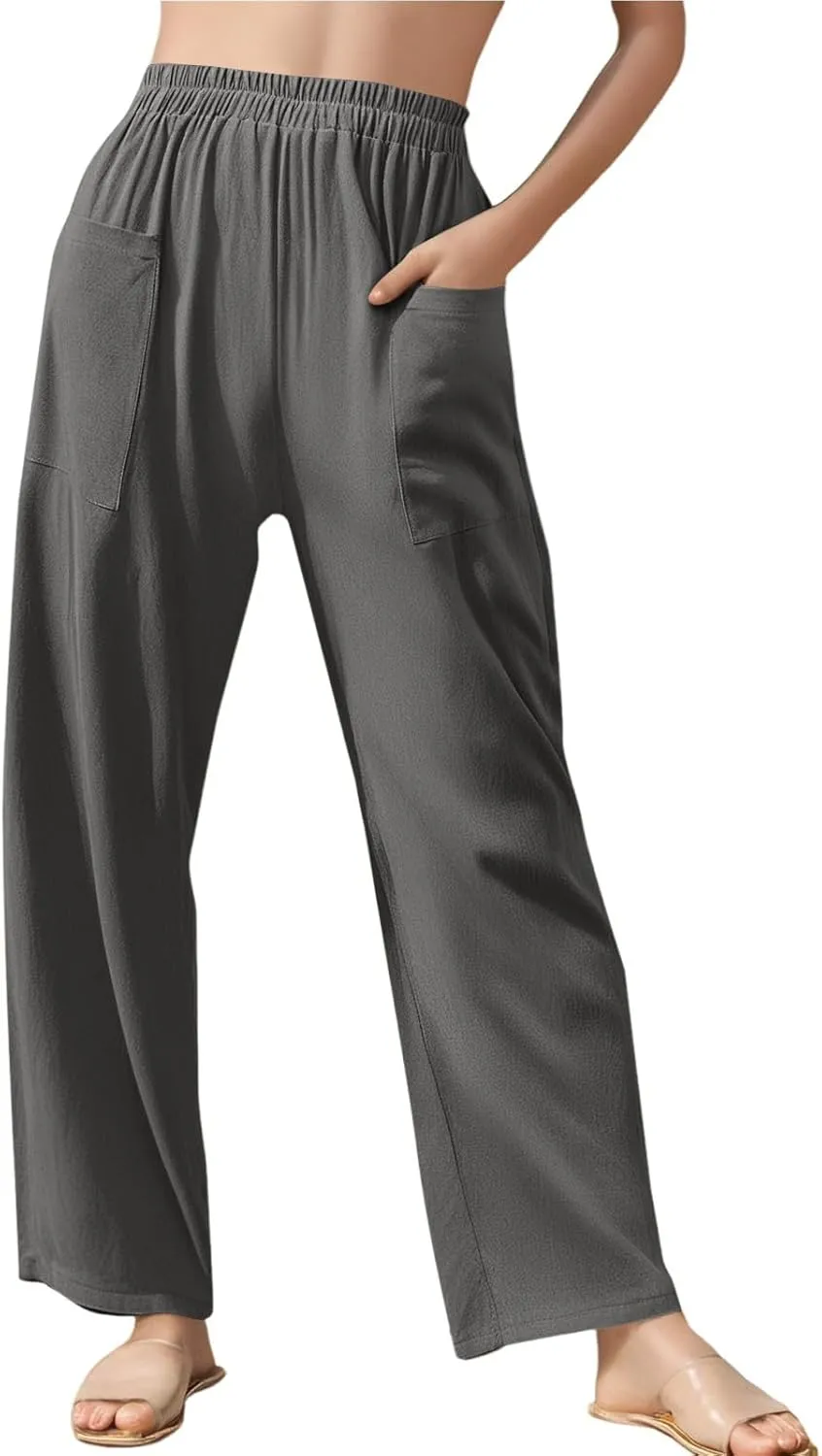 Linen Pants Women Casual Summer Wide Leg Pants High Waisted Trousers Lightweight Palazzo Pant with Pockets (S-2Xl)