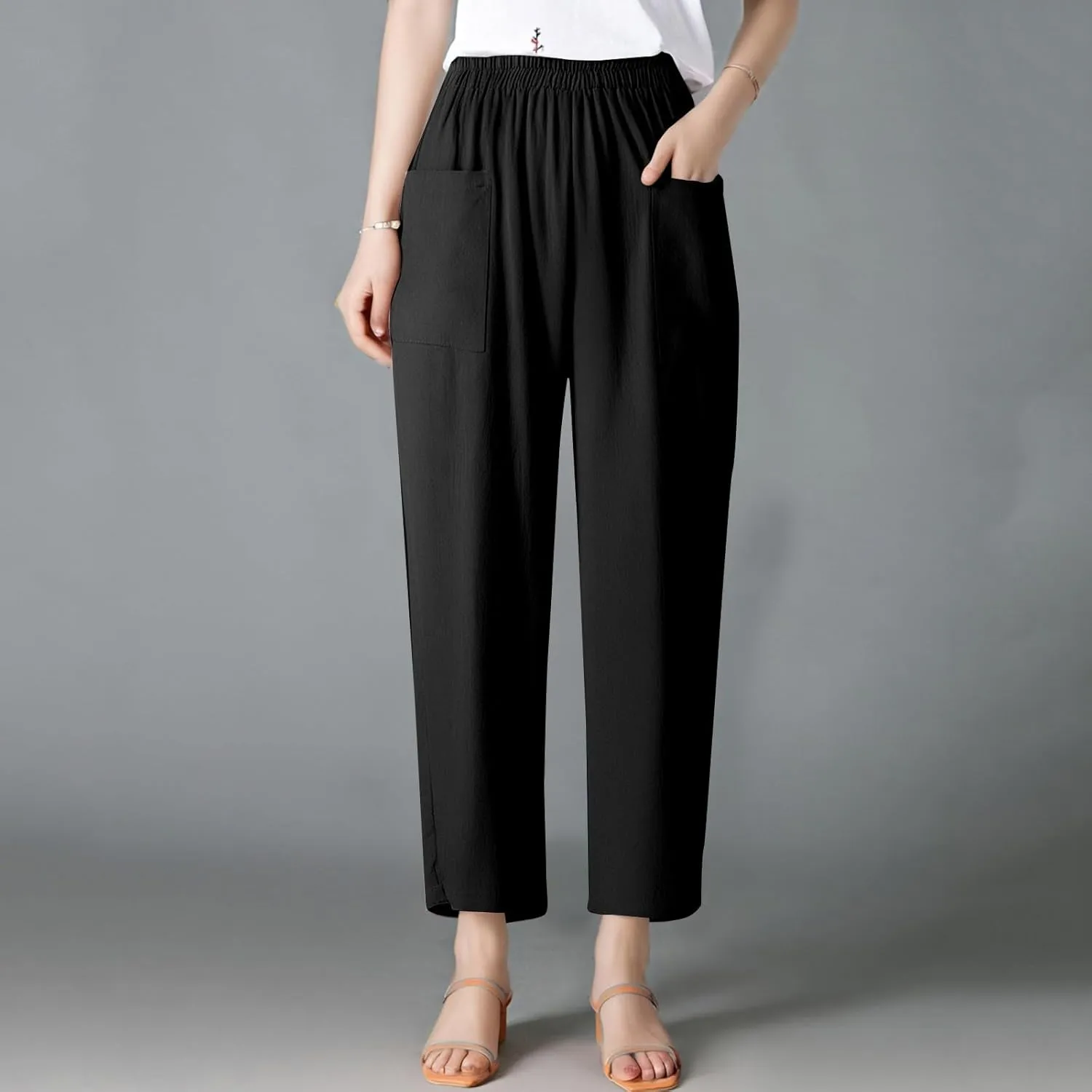 Linen Pants Women Casual Summer Wide Leg Pants High Waisted Trousers Lightweight Palazzo Pant with Pockets (S-2Xl)