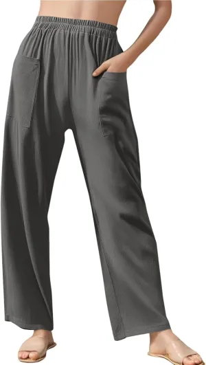 Linen Pants Women Casual Summer Wide Leg Pants High Waisted Trousers Lightweight Palazzo Pant with Pockets (S-2Xl)