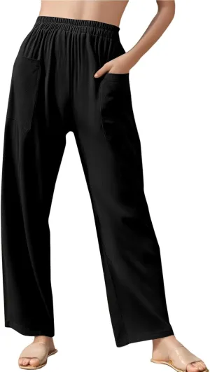 Linen Pants Women Casual Summer Wide Leg Pants High Waisted Trousers Lightweight Palazzo Pant with Pockets (S-2Xl)