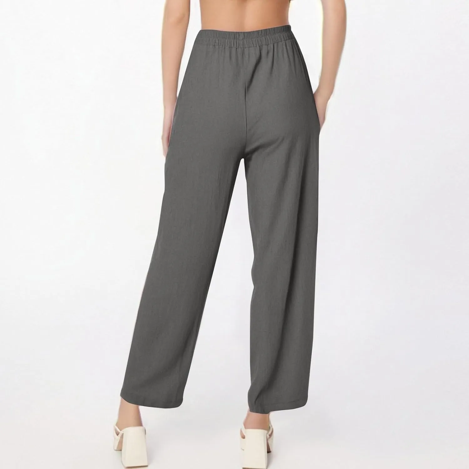 Linen Pants Women Casual Summer Wide Leg Pants High Waisted Trousers Lightweight Palazzo Pant with Pockets (S-2Xl)