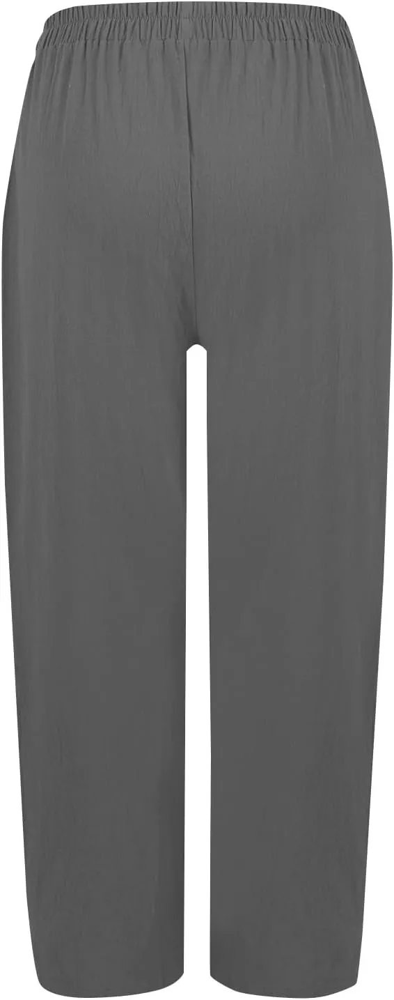 Linen Pants Women Casual Summer Wide Leg Pants High Waisted Trousers Lightweight Palazzo Pant with Pockets (S-2Xl)