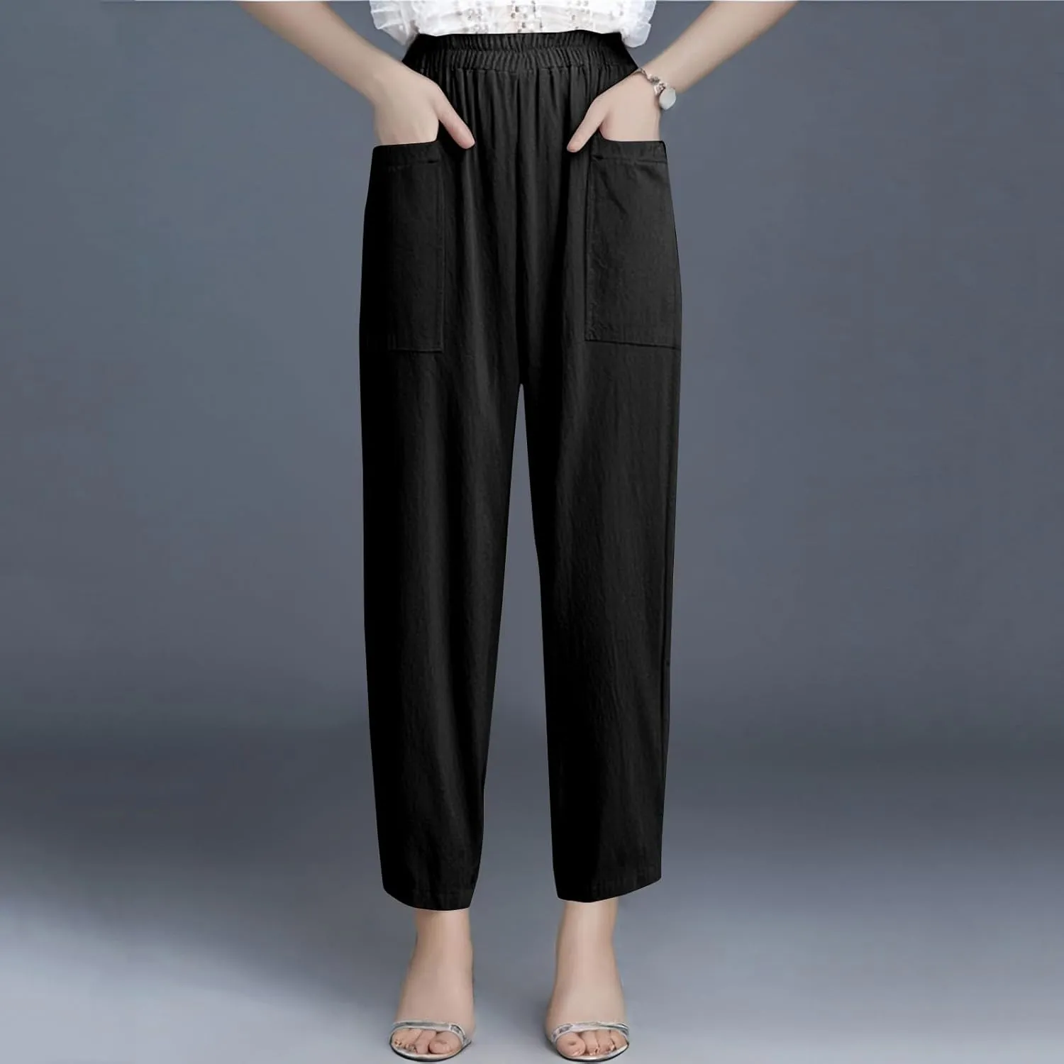 Linen Pants Women Casual Summer Wide Leg Pants High Waisted Trousers Lightweight Palazzo Pant with Pockets (S-2Xl)