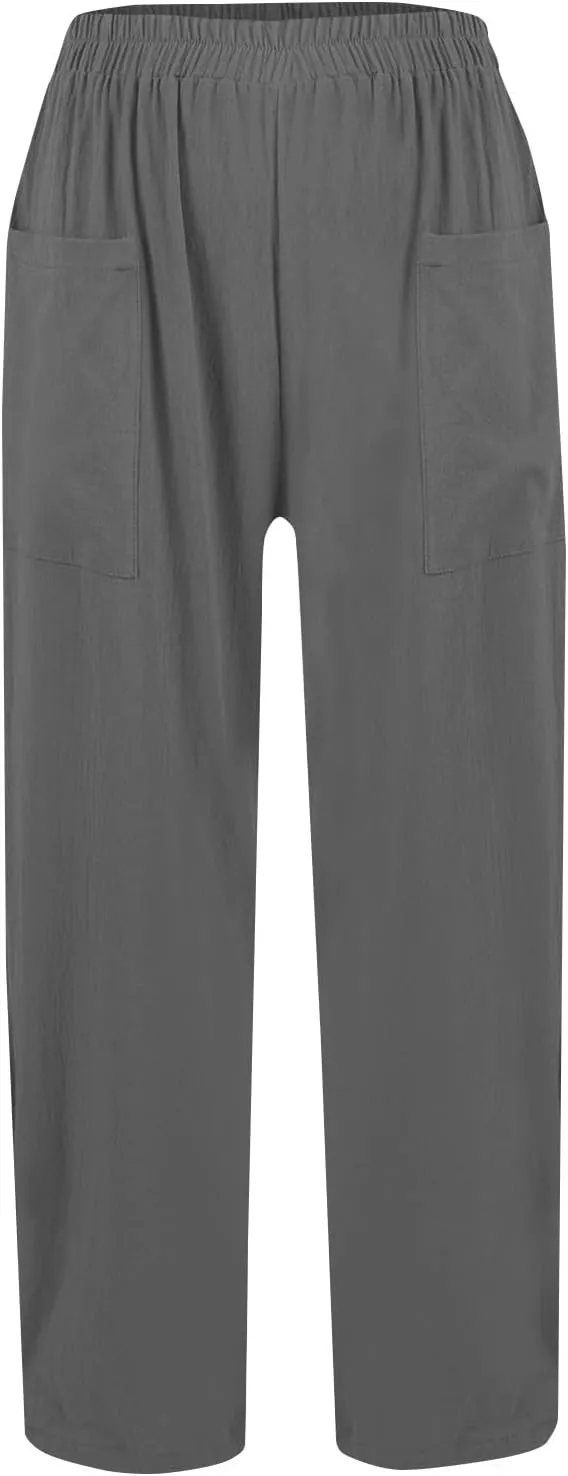 Linen Pants Women Casual Summer Wide Leg Pants High Waisted Trousers Lightweight Palazzo Pant with Pockets (S-2Xl)