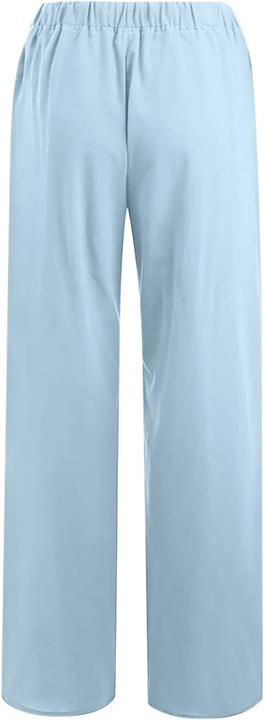 Linen Pants Women Summer 2024 Wide Leg Casual Loose Pant Drawstring High Waist Palazzo Pants Trousers with Pockets