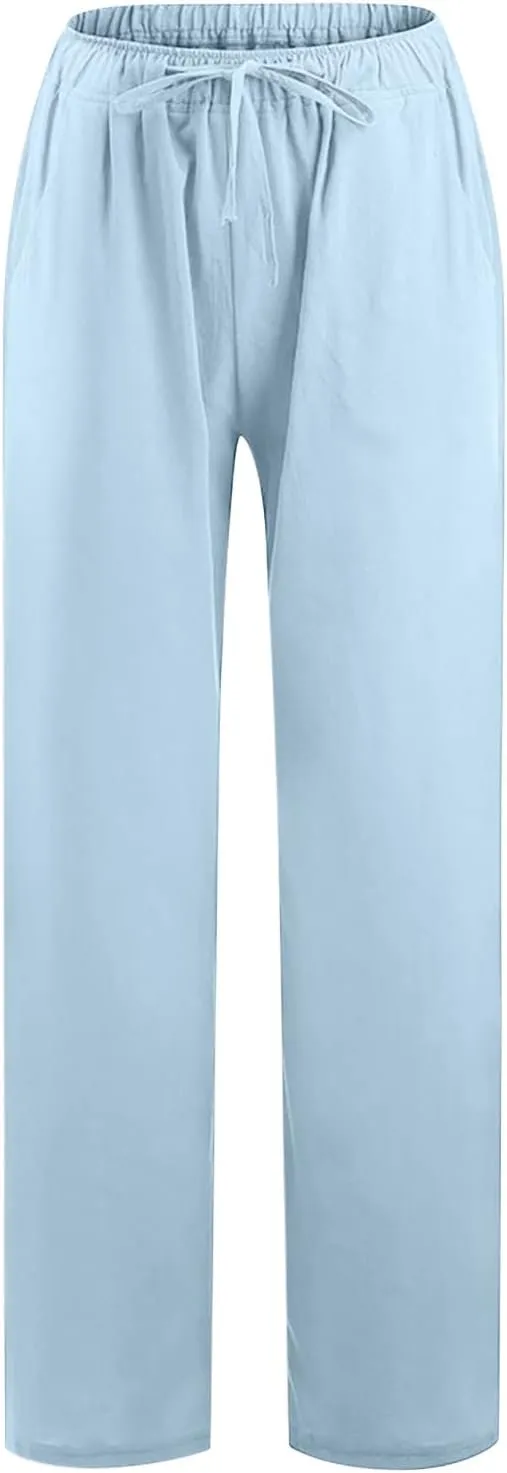 Linen Pants Women Summer 2024 Wide Leg Casual Loose Pant Drawstring High Waist Palazzo Pants Trousers with Pockets