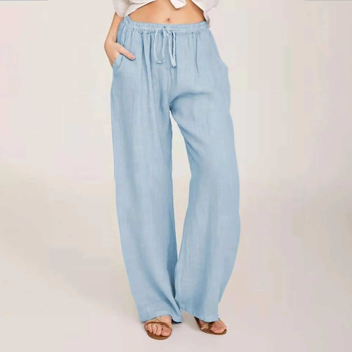 Linen Pants Women Summer 2024 Wide Leg Casual Loose Pant Drawstring High Waist Palazzo Pants Trousers with Pockets