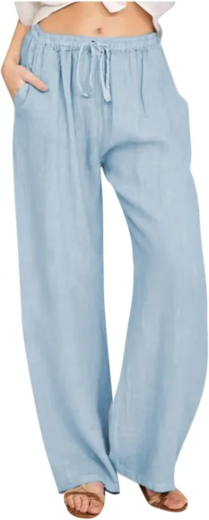 Linen Pants Women Summer 2024 Wide Leg Casual Loose Pant Drawstring High Waist Palazzo Pants Trousers with Pockets