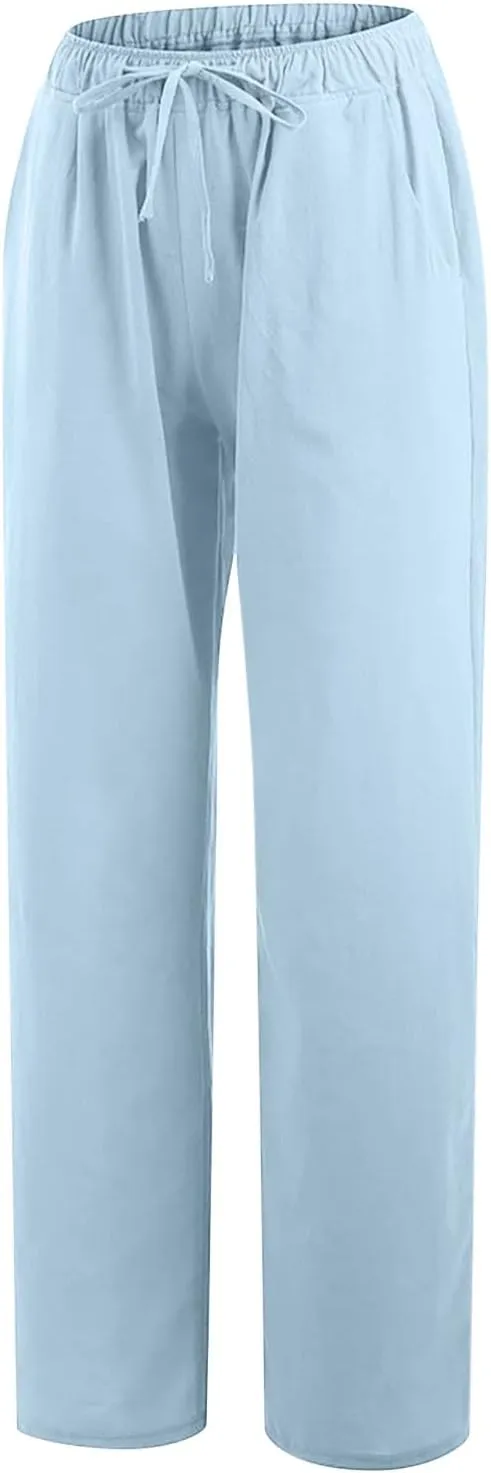 Linen Pants Women Summer 2024 Wide Leg Casual Loose Pant Drawstring High Waist Palazzo Pants Trousers with Pockets