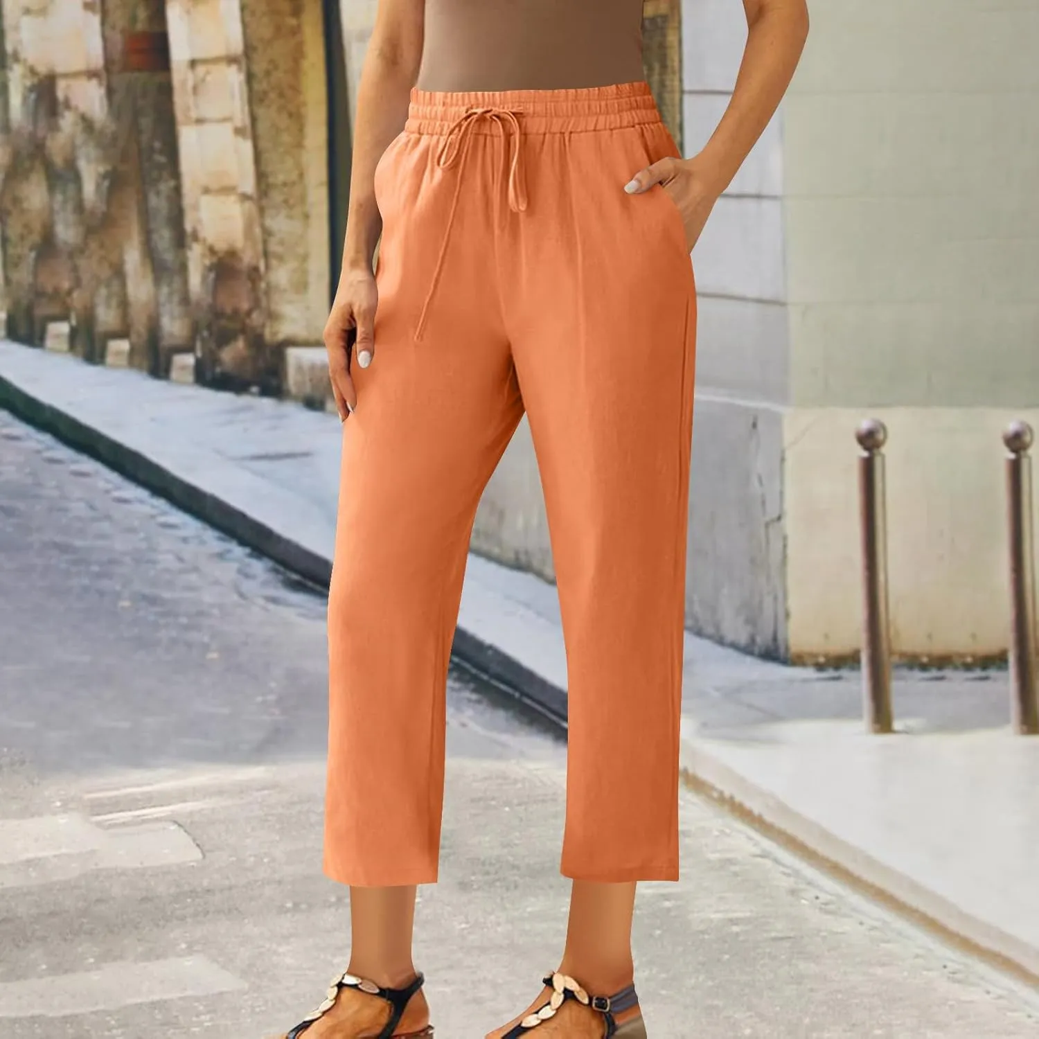 Lmdudan 2025 Plus Size Women Linen Crop Pants Drawstring Elastic Waist Capris Summer Lounge Cropped Pant Trousers with Pocket