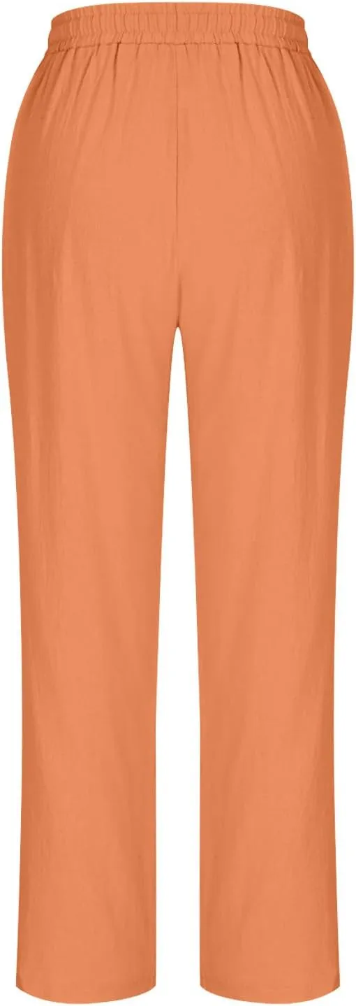 Lmdudan 2025 Plus Size Women Linen Crop Pants Drawstring Elastic Waist Capris Summer Lounge Cropped Pant Trousers with Pocket
