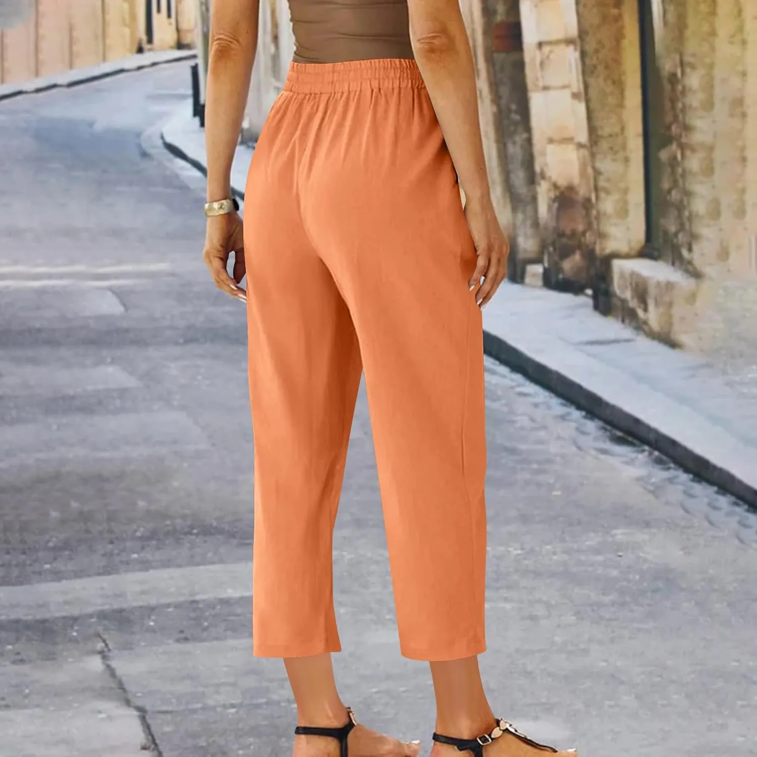 Lmdudan 2025 Plus Size Women Linen Crop Pants Drawstring Elastic Waist Capris Summer Lounge Cropped Pant Trousers with Pocket