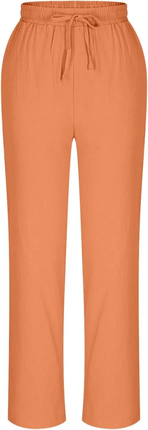 Lmdudan 2025 Plus Size Women Linen Crop Pants Drawstring Elastic Waist Capris Summer Lounge Cropped Pant Trousers with Pocket