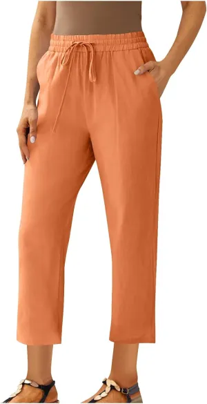 Lmdudan 2025 Plus Size Women Linen Crop Pants Drawstring Elastic Waist Capris Summer Lounge Cropped Pant Trousers with Pocket