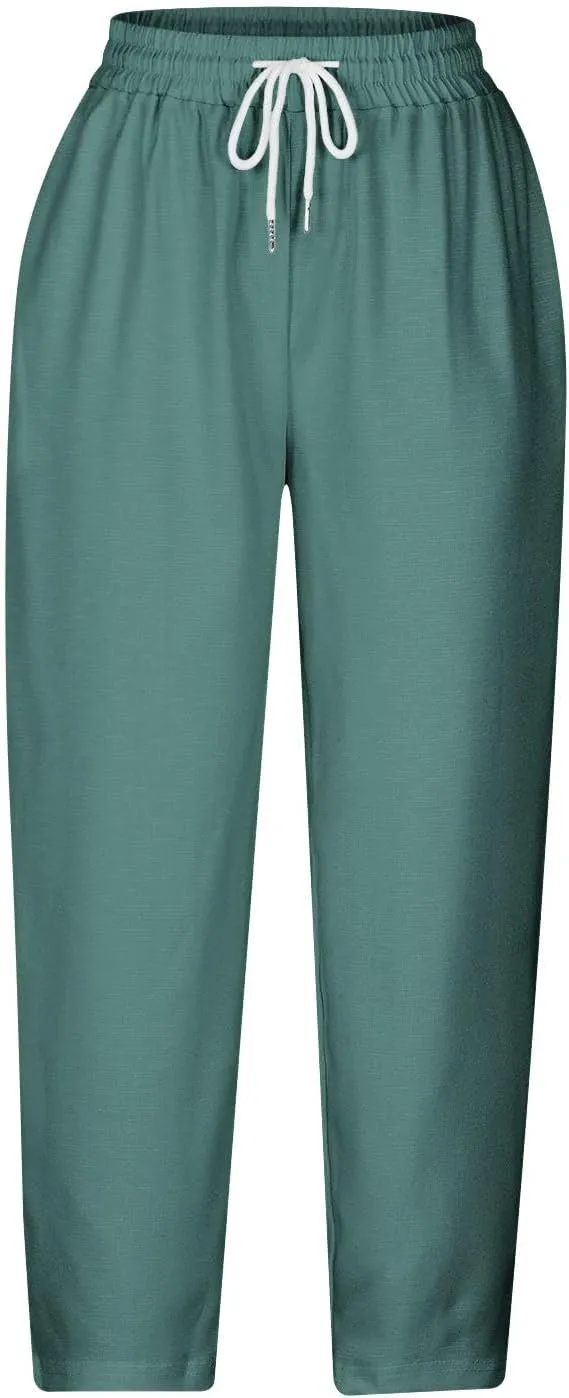 Lmdudan 2025 Summer Linen Capri Pants for Women High Waisted Drawstring Pant Comfy Soft Cropped Trousers Casual Beach Pant