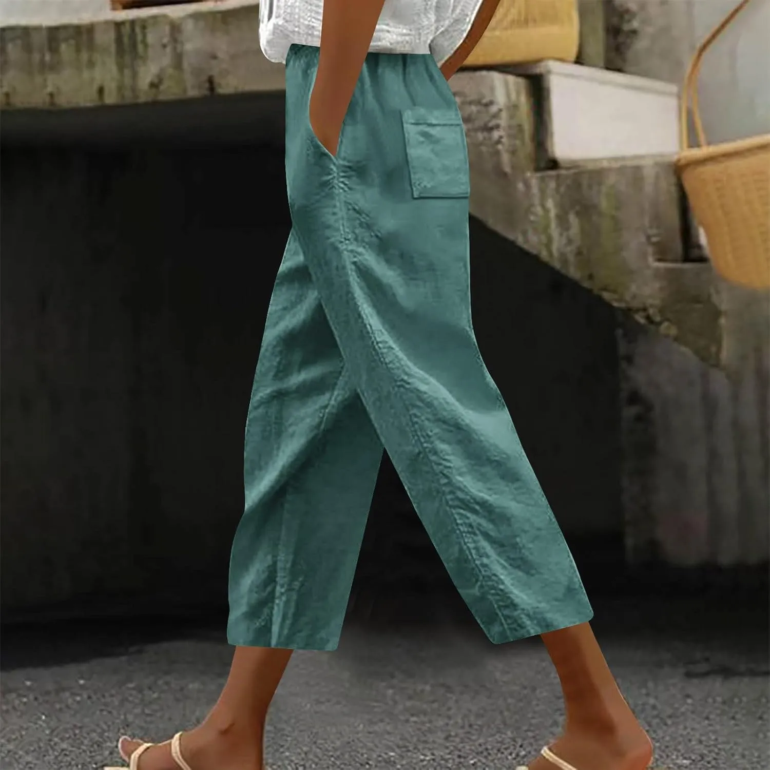 Lmdudan 2025 Summer Linen Capri Pants for Women High Waisted Drawstring Pant Comfy Soft Cropped Trousers Casual Beach Pant