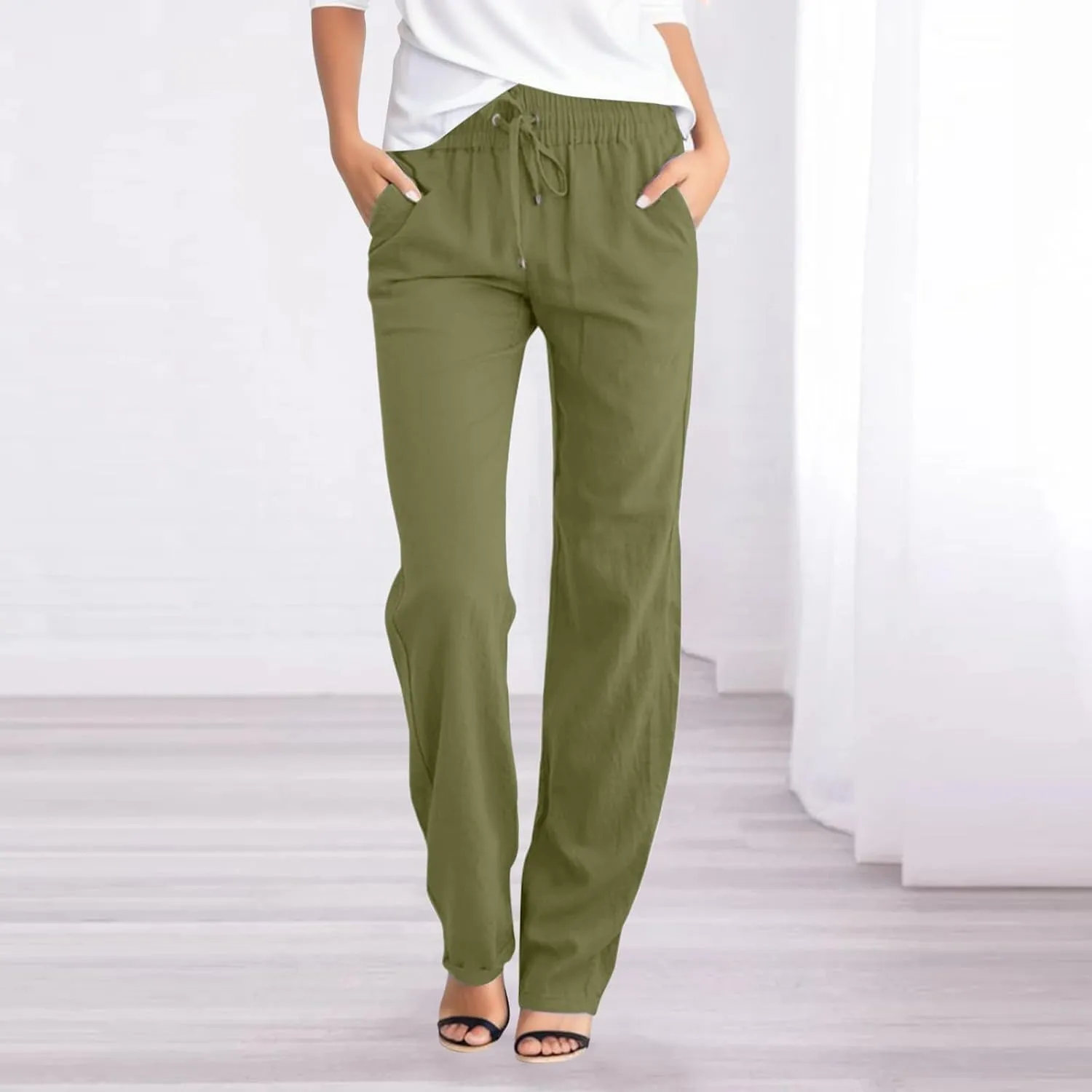 Lmdudan 2025 Women's Cotton Linen Pants Summer High Waisted Palazzo Pants Wide Leg Drawstring Elastic Waist Loose Trousers