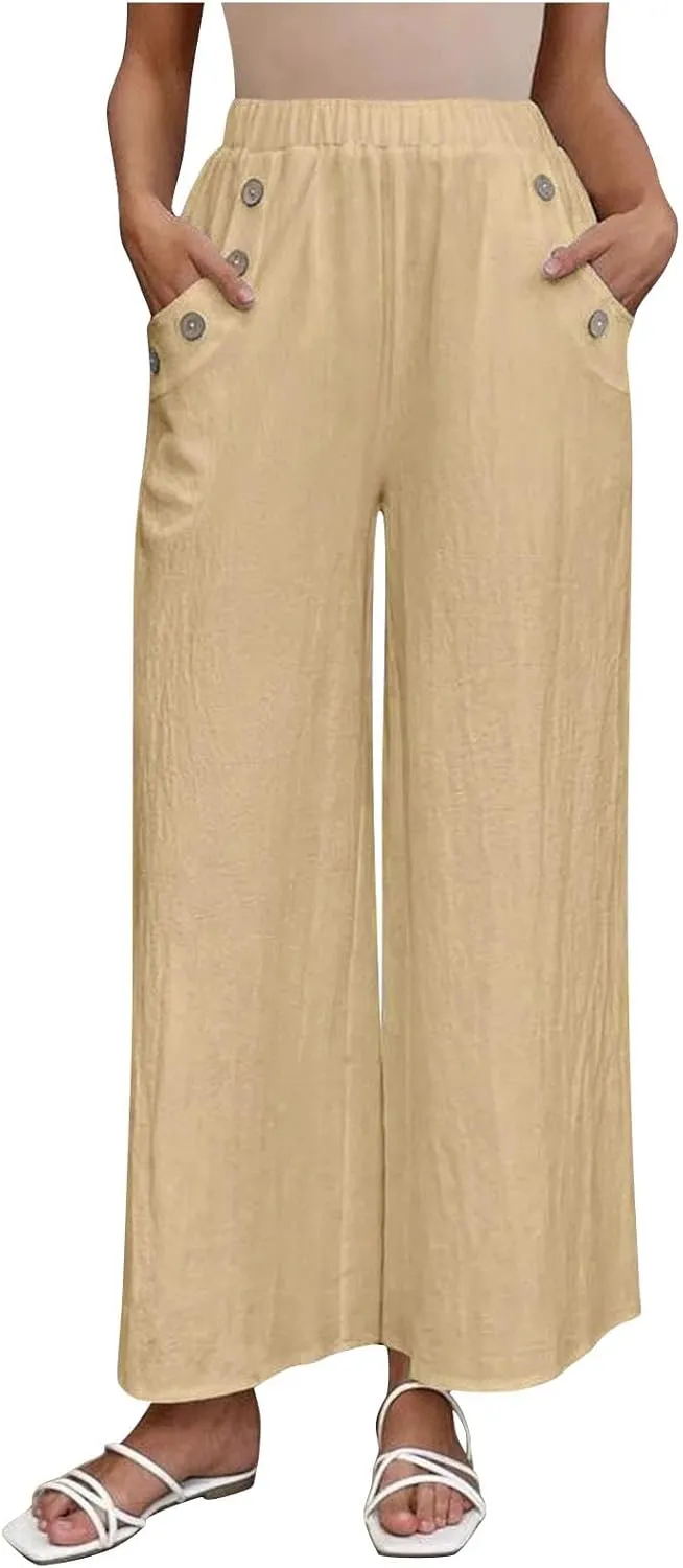 Lmdudan Cotton Linen Pants for Women 2025 Casual High Waist Wide Leg Palazzo Pants Summer Button Down Trousers with Pocket
