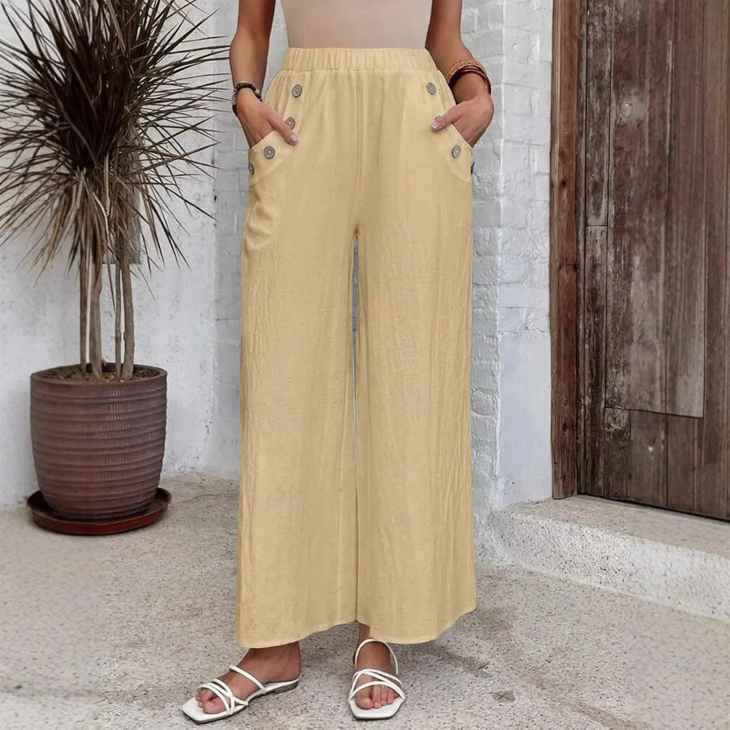 Lmdudan Cotton Linen Pants for Women 2025 Casual High Waist Wide Leg Palazzo Pants Summer Button Down Trousers with Pocket