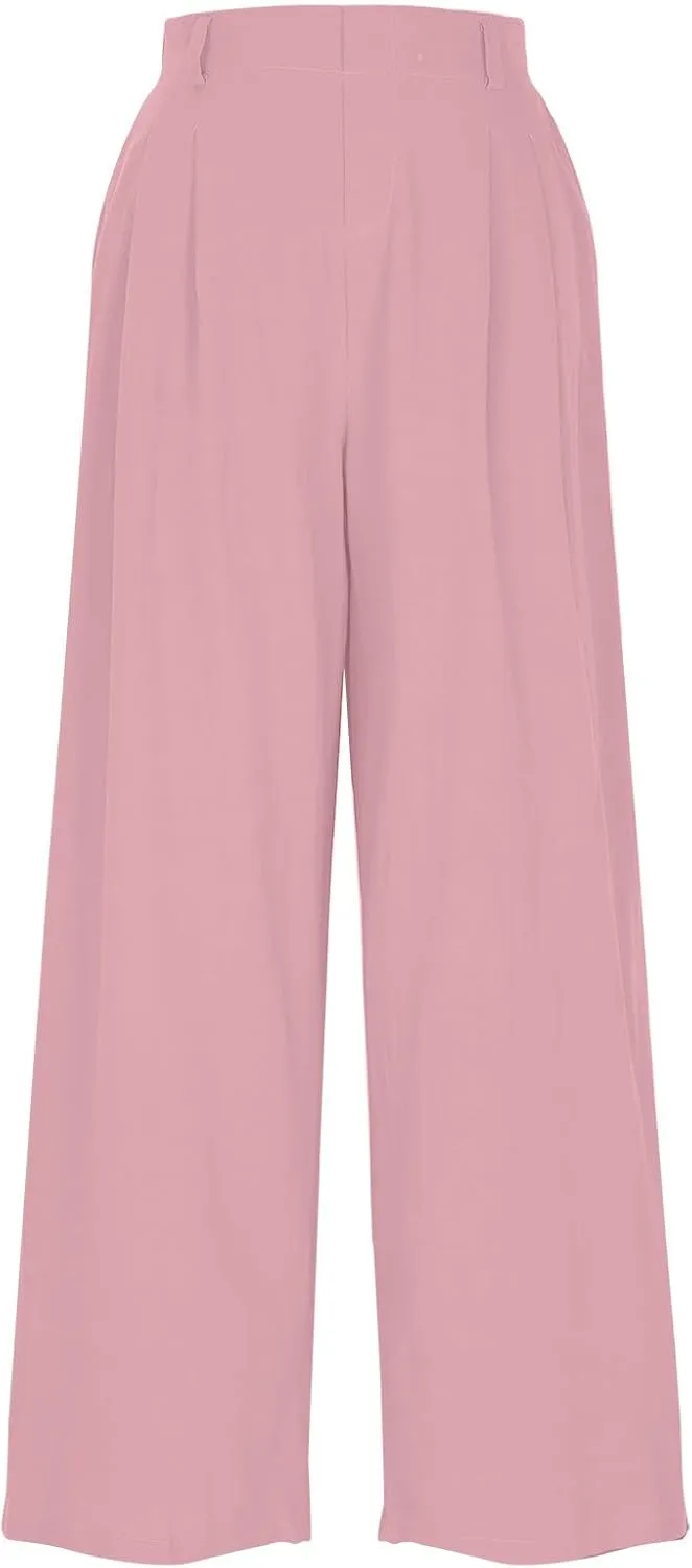Lmdudan Cotton Linen Work Pants Women Business Casual Dressy Trousers Slacks Elastic High Waist Straight Leg Pant with Pocket