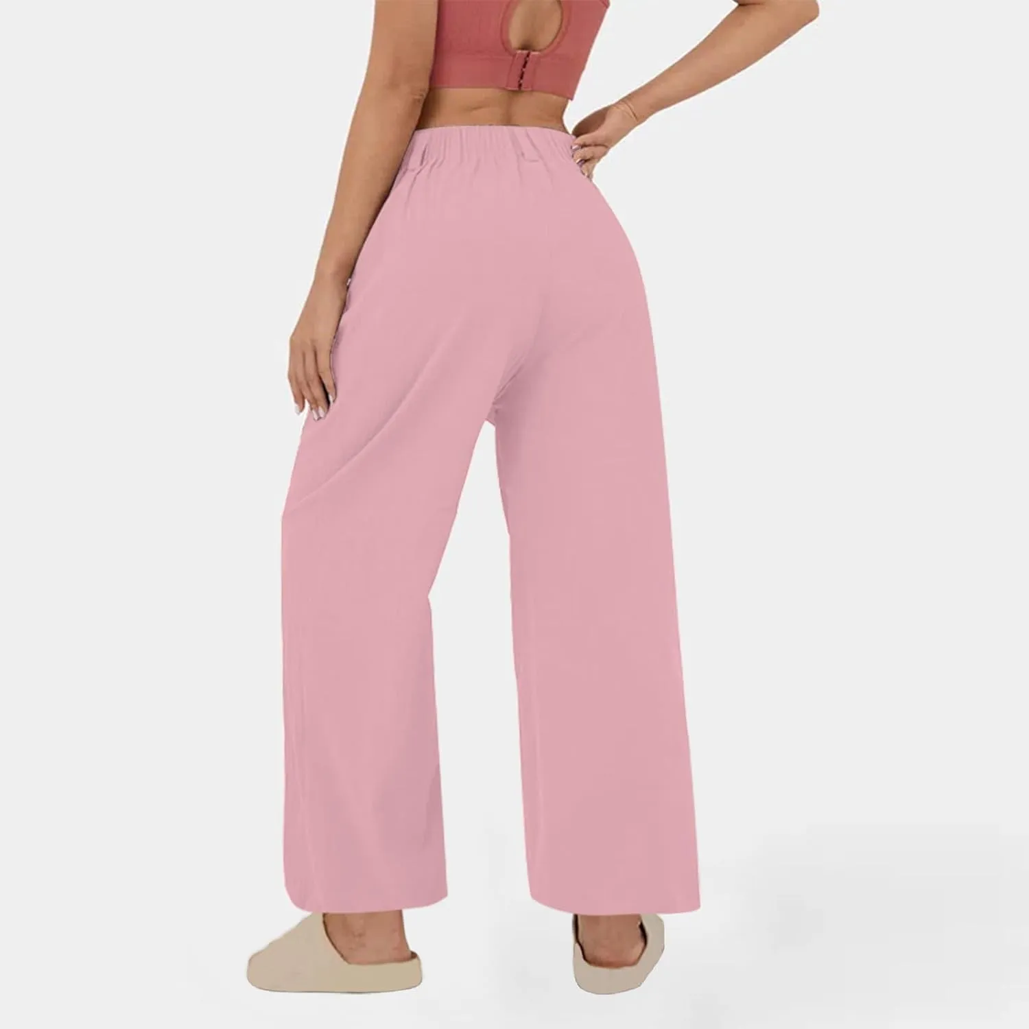 Lmdudan Cotton Linen Work Pants Women Business Casual Dressy Trousers Slacks Elastic High Waist Straight Leg Pant with Pocket