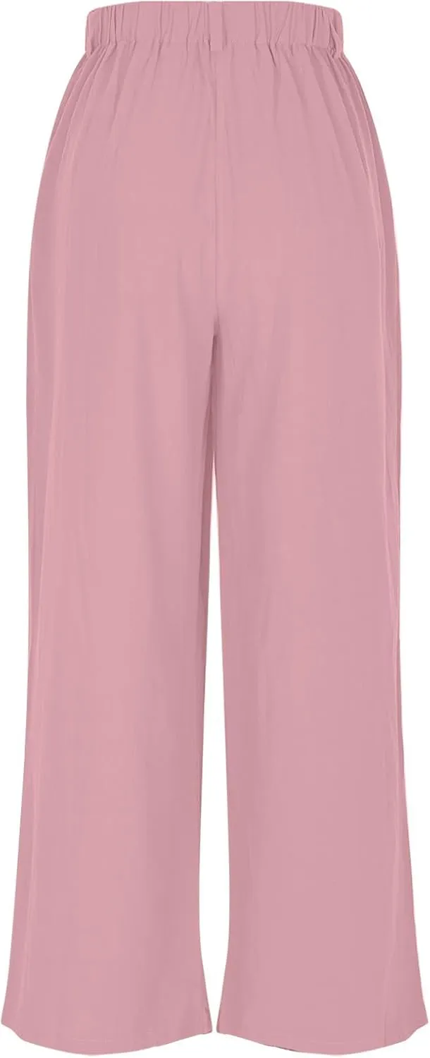 Lmdudan Cotton Linen Work Pants Women Business Casual Dressy Trousers Slacks Elastic High Waist Straight Leg Pant with Pocket