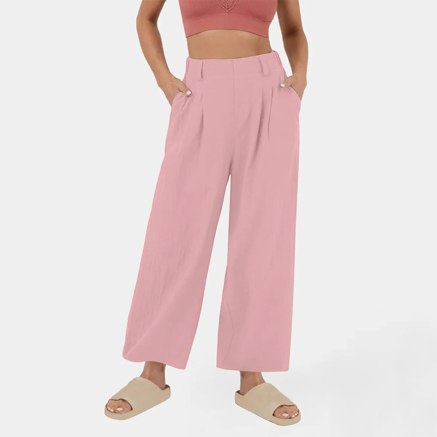 Lmdudan Cotton Linen Work Pants Women Business Casual Dressy Trousers Slacks Elastic High Waist Straight Leg Pant with Pocket