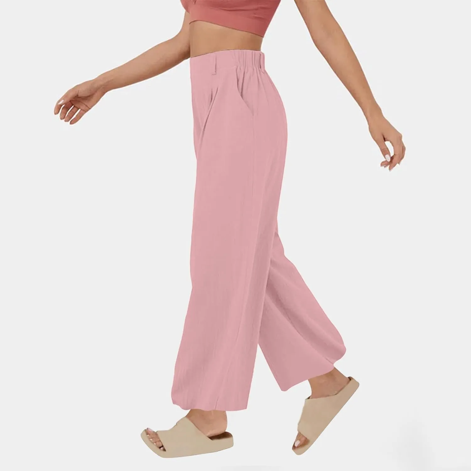 Lmdudan Cotton Linen Work Pants Women Business Casual Dressy Trousers Slacks Elastic High Waist Straight Leg Pant with Pocket