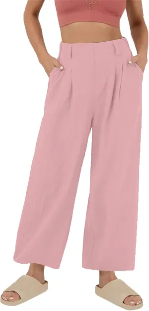 Lmdudan Cotton Linen Work Pants Women Business Casual Dressy Trousers Slacks Elastic High Waist Straight Leg Pant with Pocket
