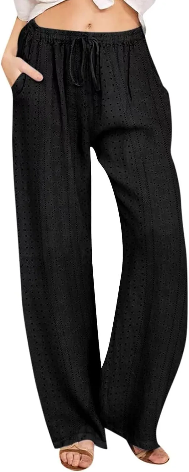 Lmdudan Wide Leg Linen Pants for Women 2025 Summer Boho High Waisted Palazzo Pants Baggy Comfy Beach Pants with Pockets