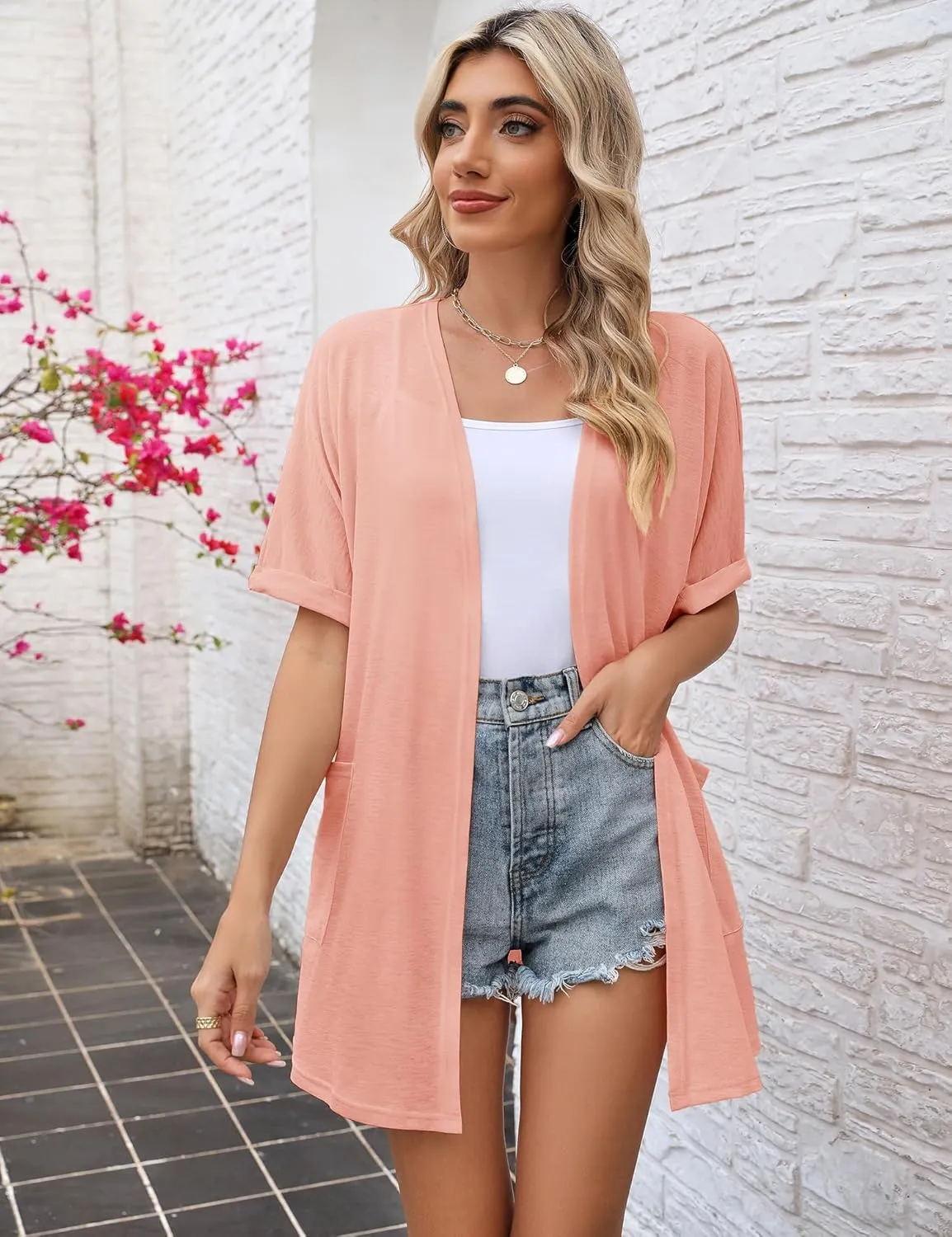 LOMON Women's Cardigans Open Front Lightweight Cardigan Summer Short Sleeve Casual Cover Ups