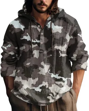 Long Sleeve Beach Hippie Tops with Hat Men's Casual Fashion Loose Trend Camouflage Long Sleeve Shirts