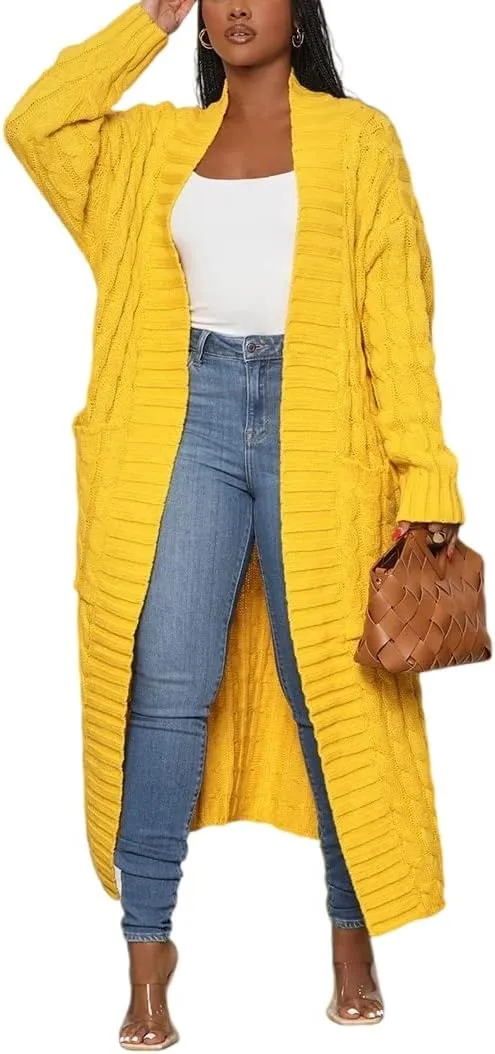 Long Sweaters for Women Cardigan Open Front Long Sleeve Plus Size Chunky Cable Knit Duster Cardigans with Pockets Winter Coat