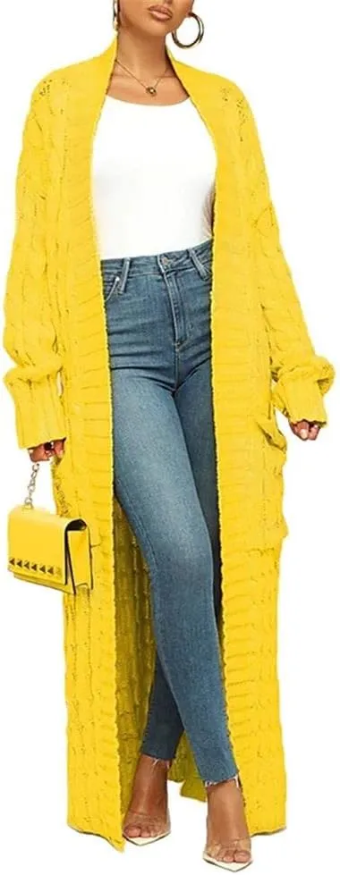 Long Sweaters for Women Cardigan Open Front Long Sleeve Plus Size Chunky Cable Knit Duster Cardigans with Pockets Winter Coat