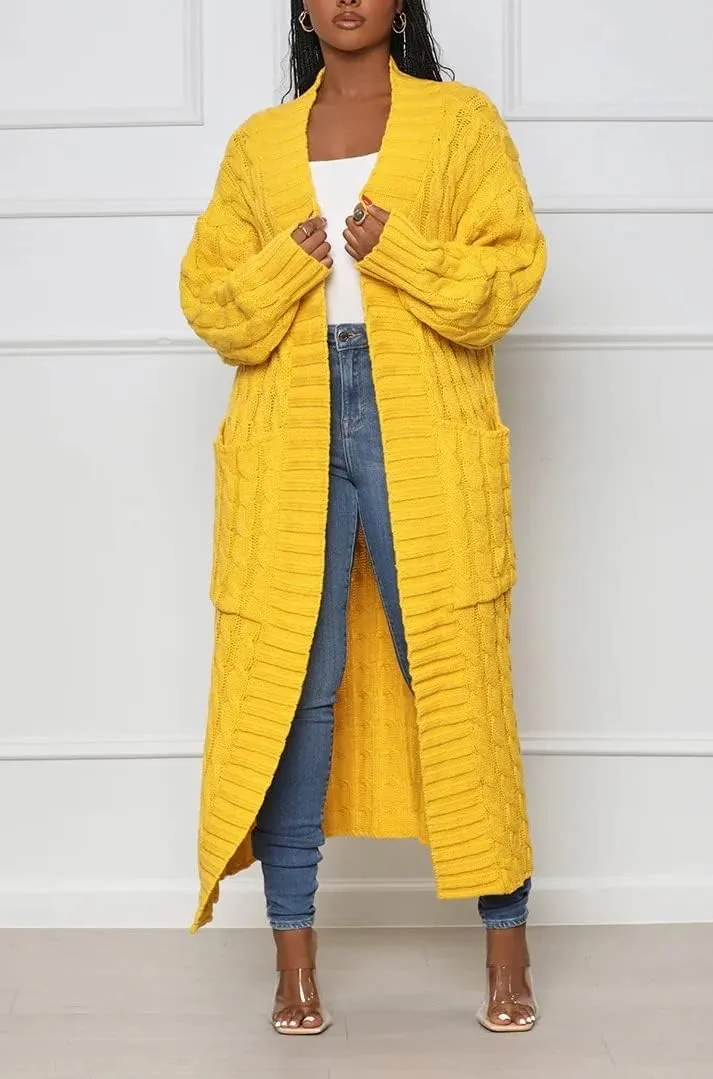 Long Sweaters for Women Cardigan Open Front Long Sleeve Plus Size Chunky Cable Knit Duster Cardigans with Pockets Winter Coat