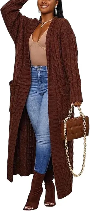Long Sweaters for Women Cardigan Open Front Long Sleeve Plus Size Chunky Cable Knit Duster Cardigans with Pockets Winter Coat