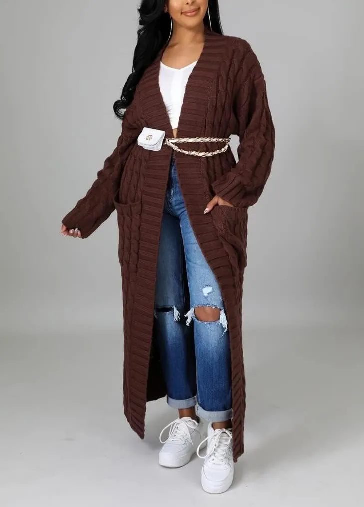 Long Sweaters for Women Cardigan Open Front Long Sleeve Plus Size Chunky Cable Knit Duster Cardigans with Pockets Winter Coat