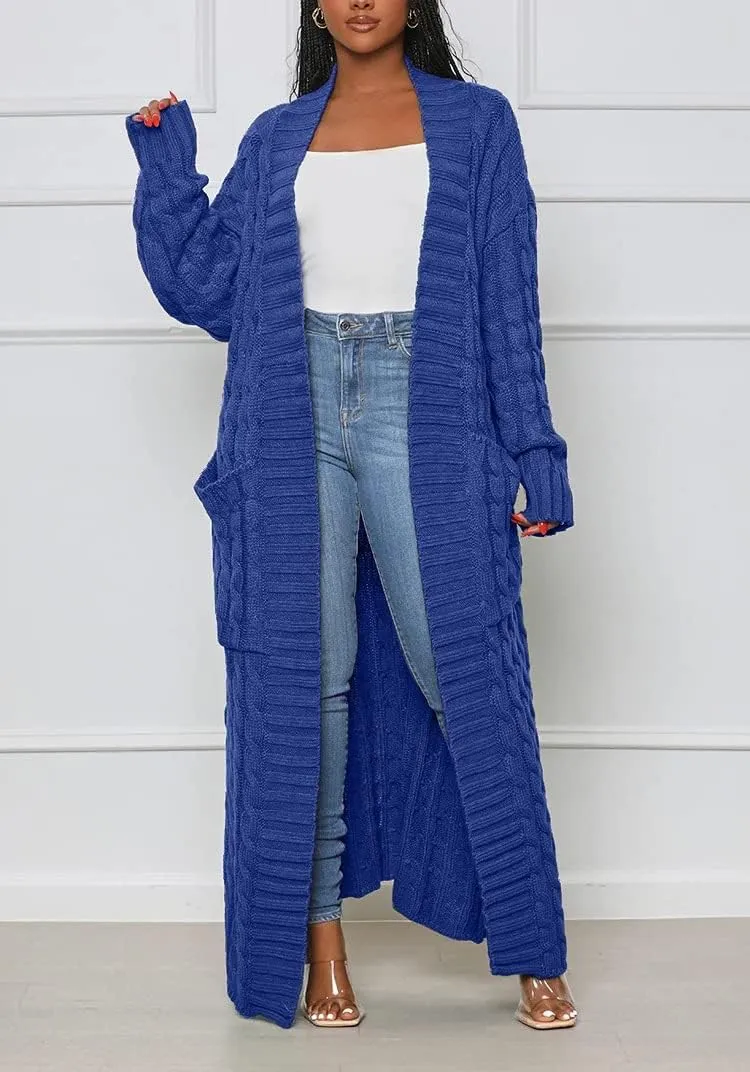 Long Sweaters for Women Cardigan Open Front Long Sleeve Plus Size Chunky Cable Knit Duster Cardigans with Pockets Winter Coat