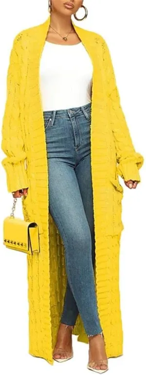 Long Sweaters for Women Cardigan Open Front Long Sleeve Plus Size Chunky Cable Knit Duster Cardigans with Pockets Winter Coat