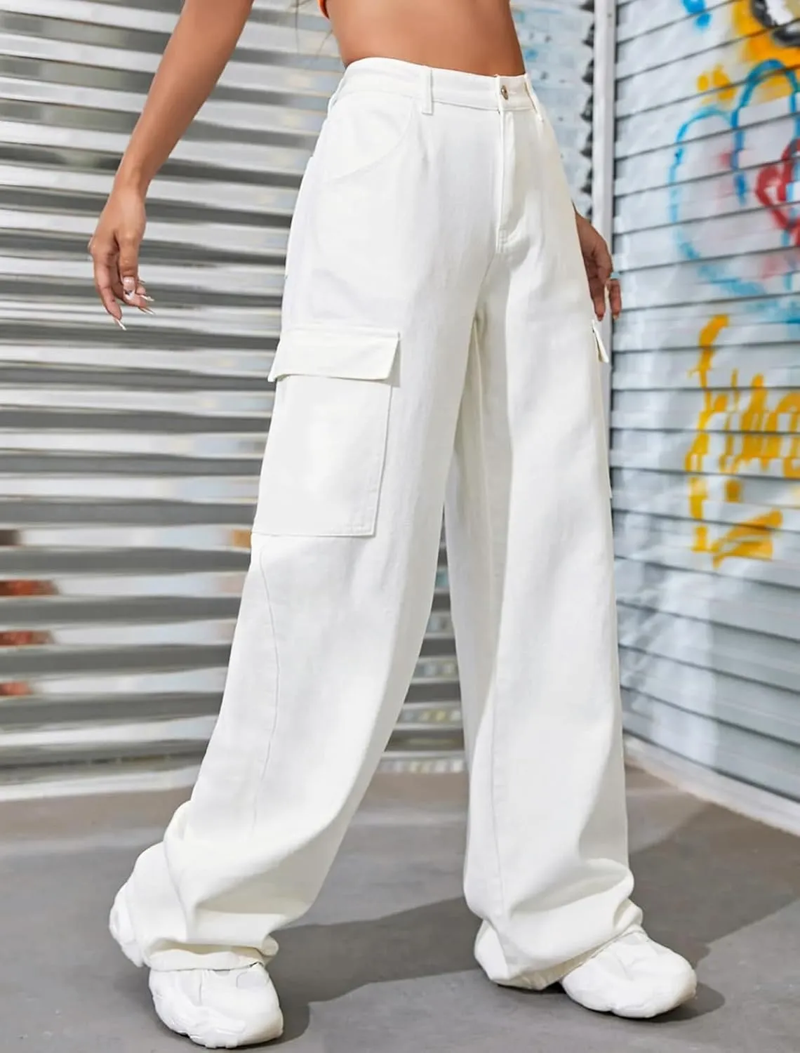 LONGBIDA Women's High Waisted Cargo Jeans Y2K Straight Wide Leg Baggy Jeans Loose Denim Cargo Pants Trousers
