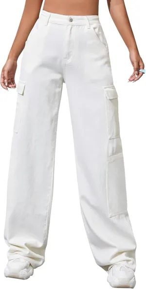 LONGBIDA Women's High Waisted Cargo Jeans Y2K Straight Wide Leg Baggy Jeans Loose Denim Cargo Pants Trousers
