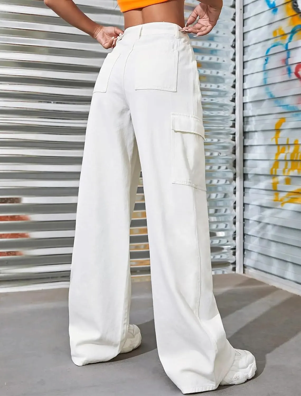 LONGBIDA Women's High Waisted Cargo Jeans Y2K Straight Wide Leg Baggy Jeans Loose Denim Cargo Pants Trousers