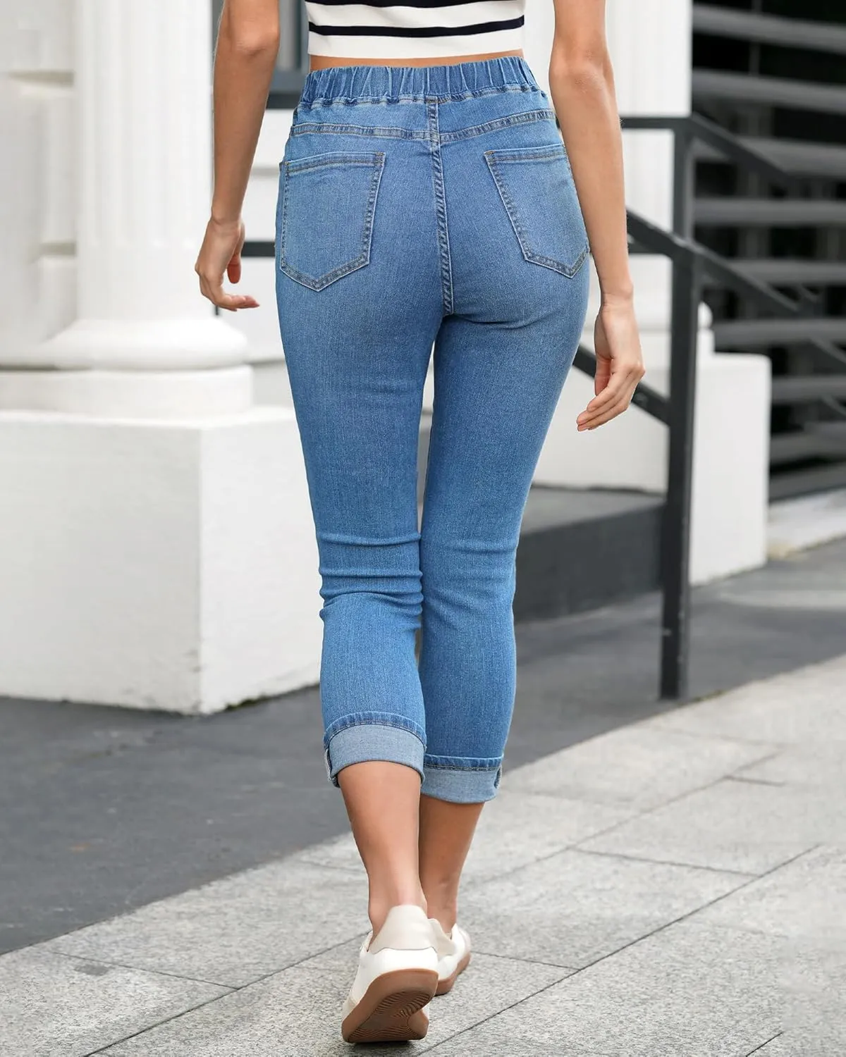 LookbookStore Capri Jeans for Women High Waisted Pull On Elastic Wasit Stretchy Denim Capris Jeggings Summer Jeans Pants