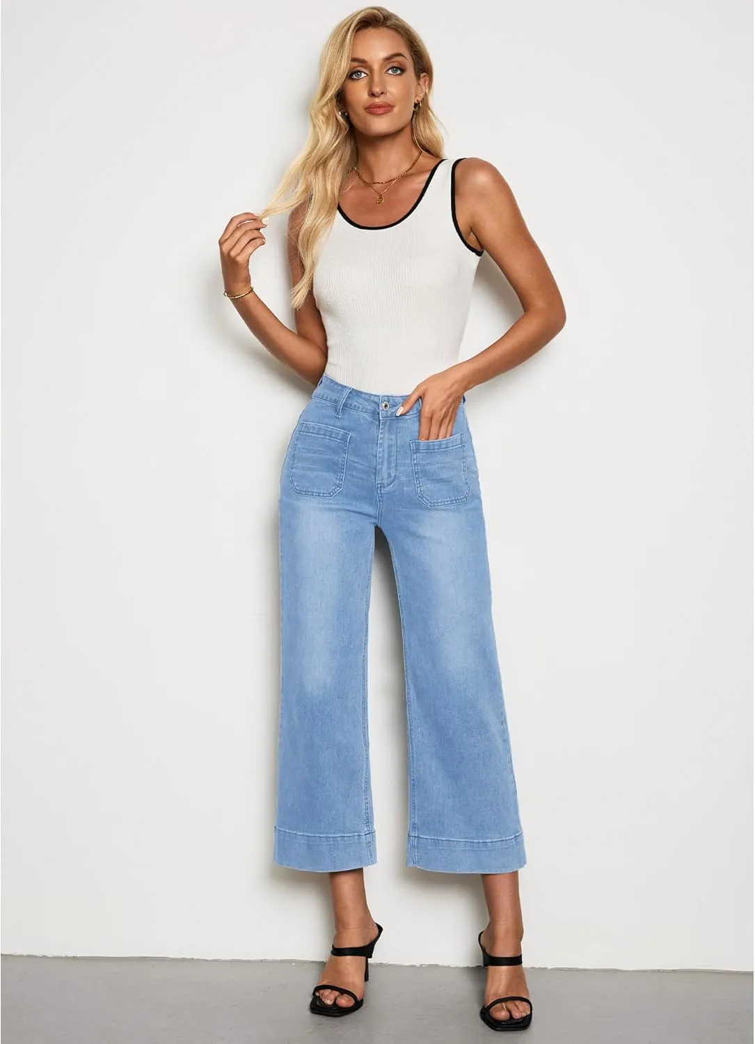 LookbookStore Wide Leg Cropped Jeans for Women High Waisted Stretchy Denim Jean Pants Baggy Flare Trouser Jeans Pockets