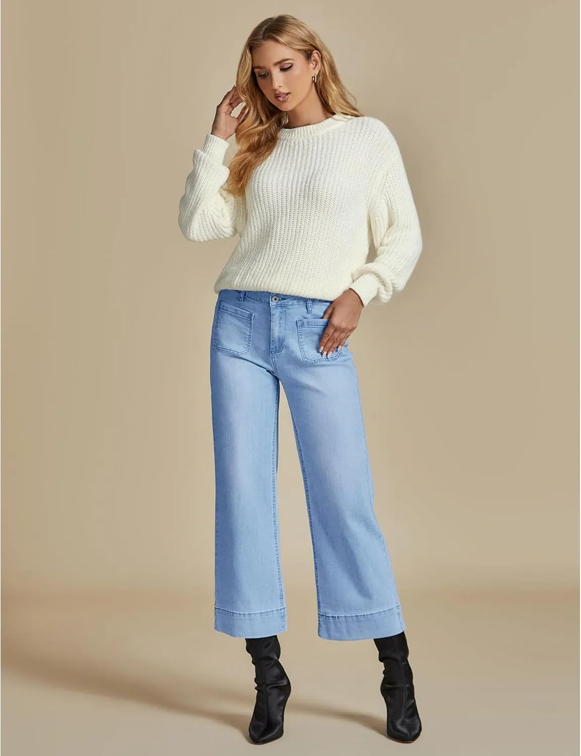 LookbookStore Wide Leg Cropped Jeans for Women High Waisted Stretchy Denim Jean Pants Baggy Flare Trouser Jeans Pockets