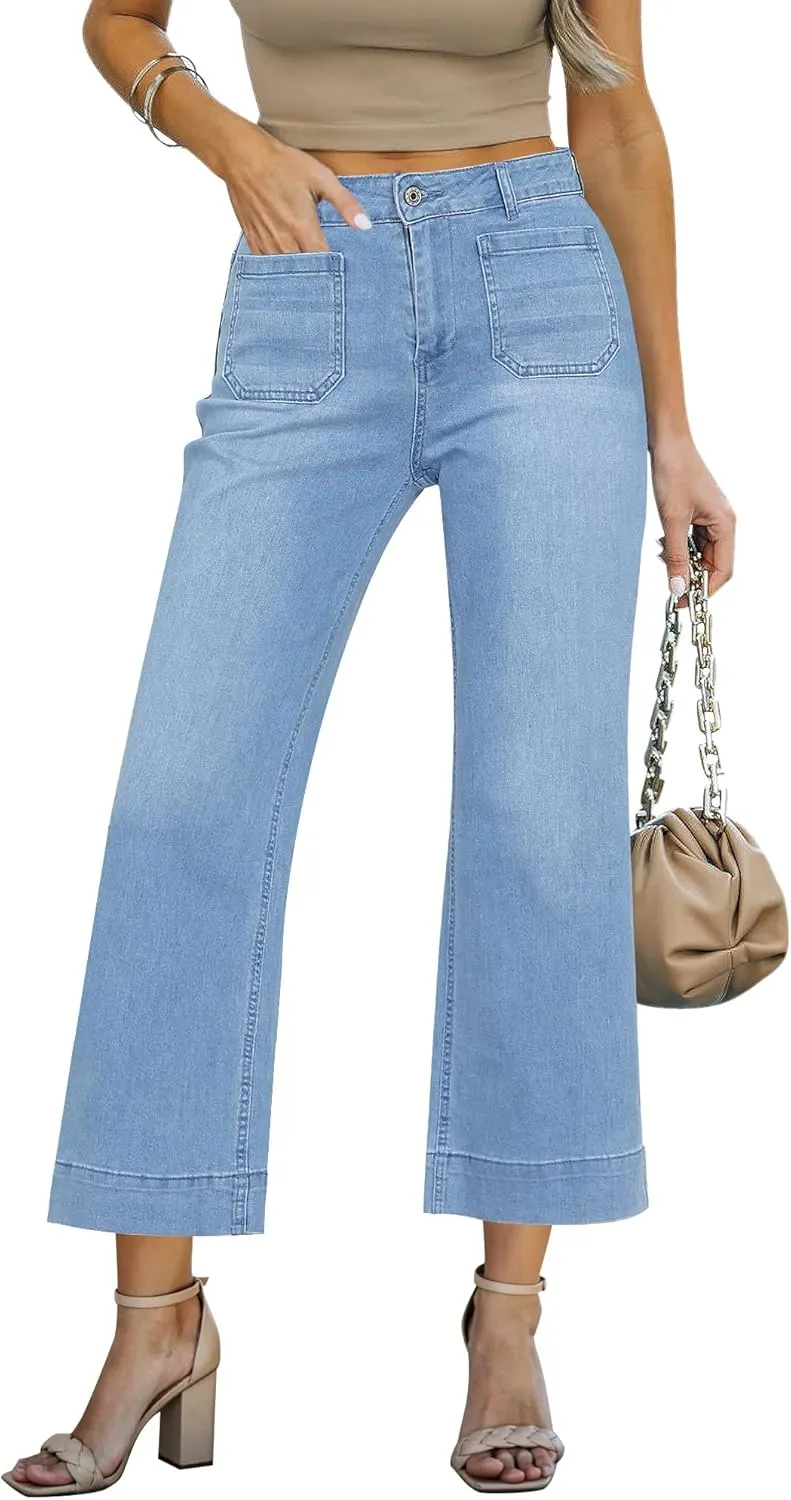 LookbookStore Wide Leg Cropped Jeans for Women High Waisted Stretchy Denim Jean Pants Baggy Flare Trouser Jeans Pockets